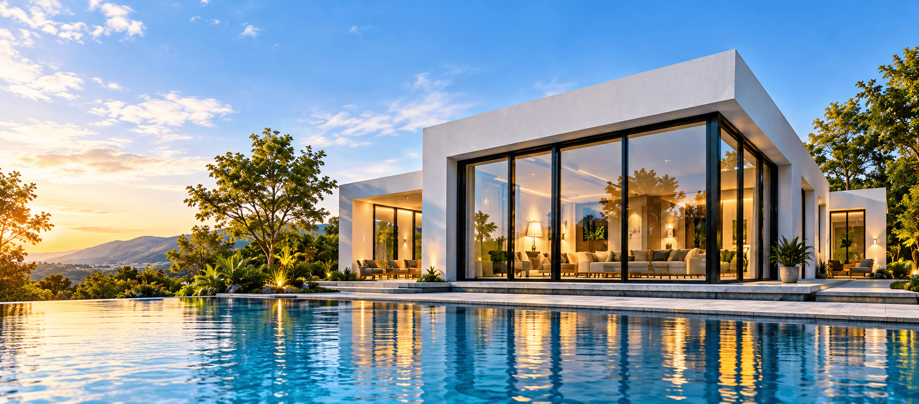Modern white home with aluminium glass doors and infinity pool at sunset