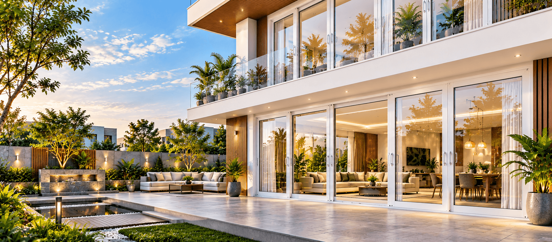 Modern white home with a balcony and floor-to-ceiling aluminium sliding glass doors