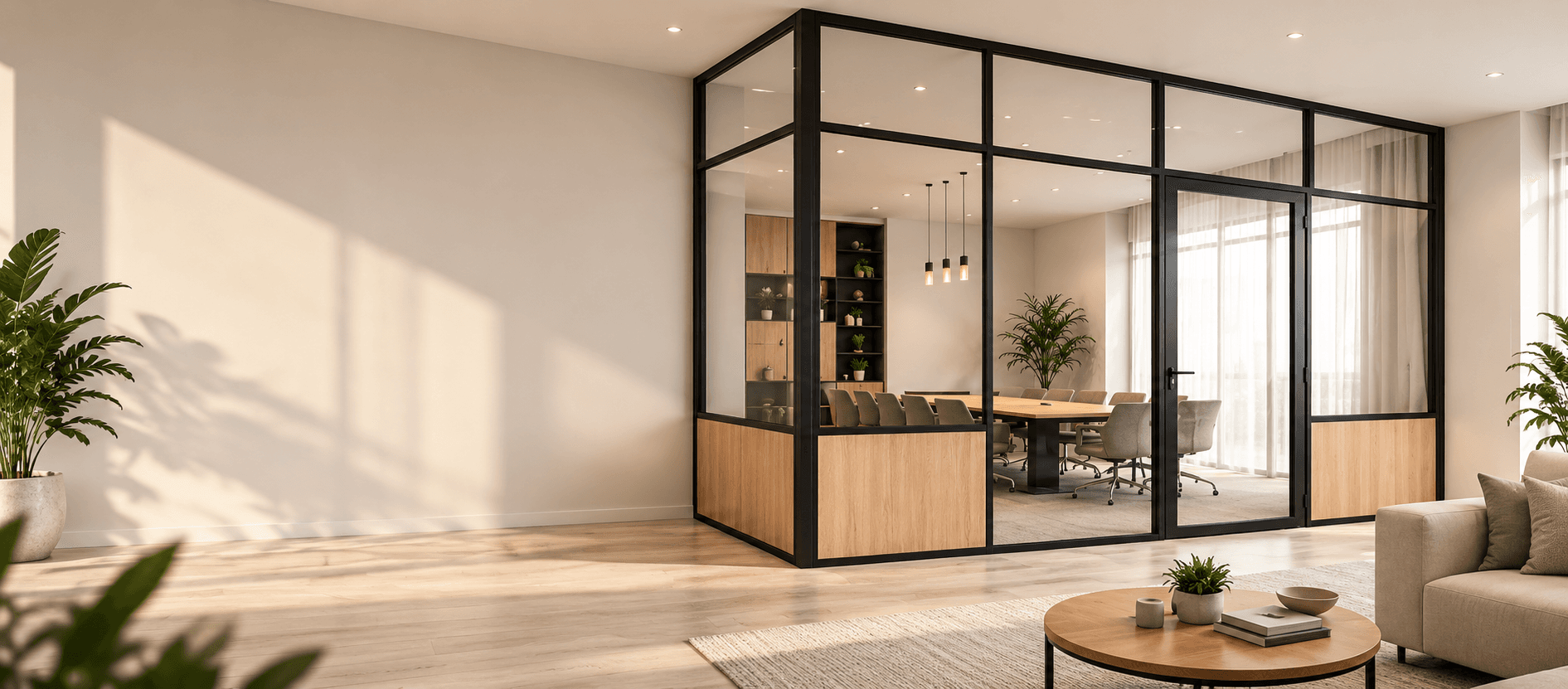 Black-framed glass partition in a bright modern interior