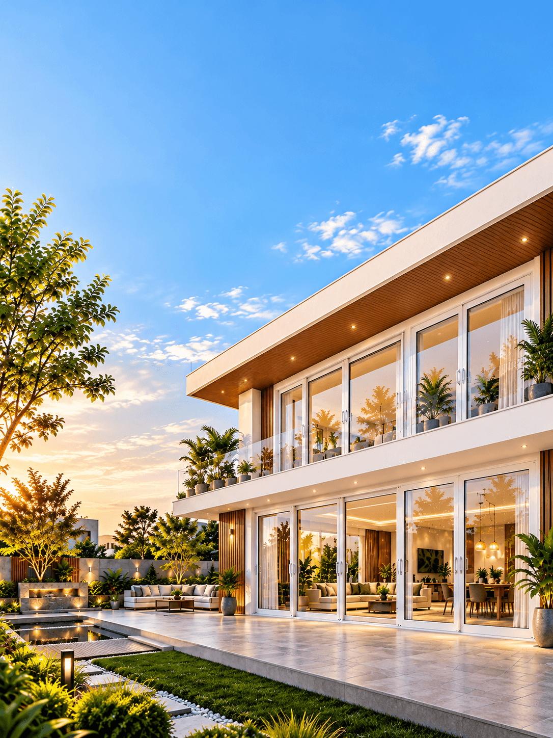Modern white home with a balcony and floor-to-ceiling aluminium sliding glass doors