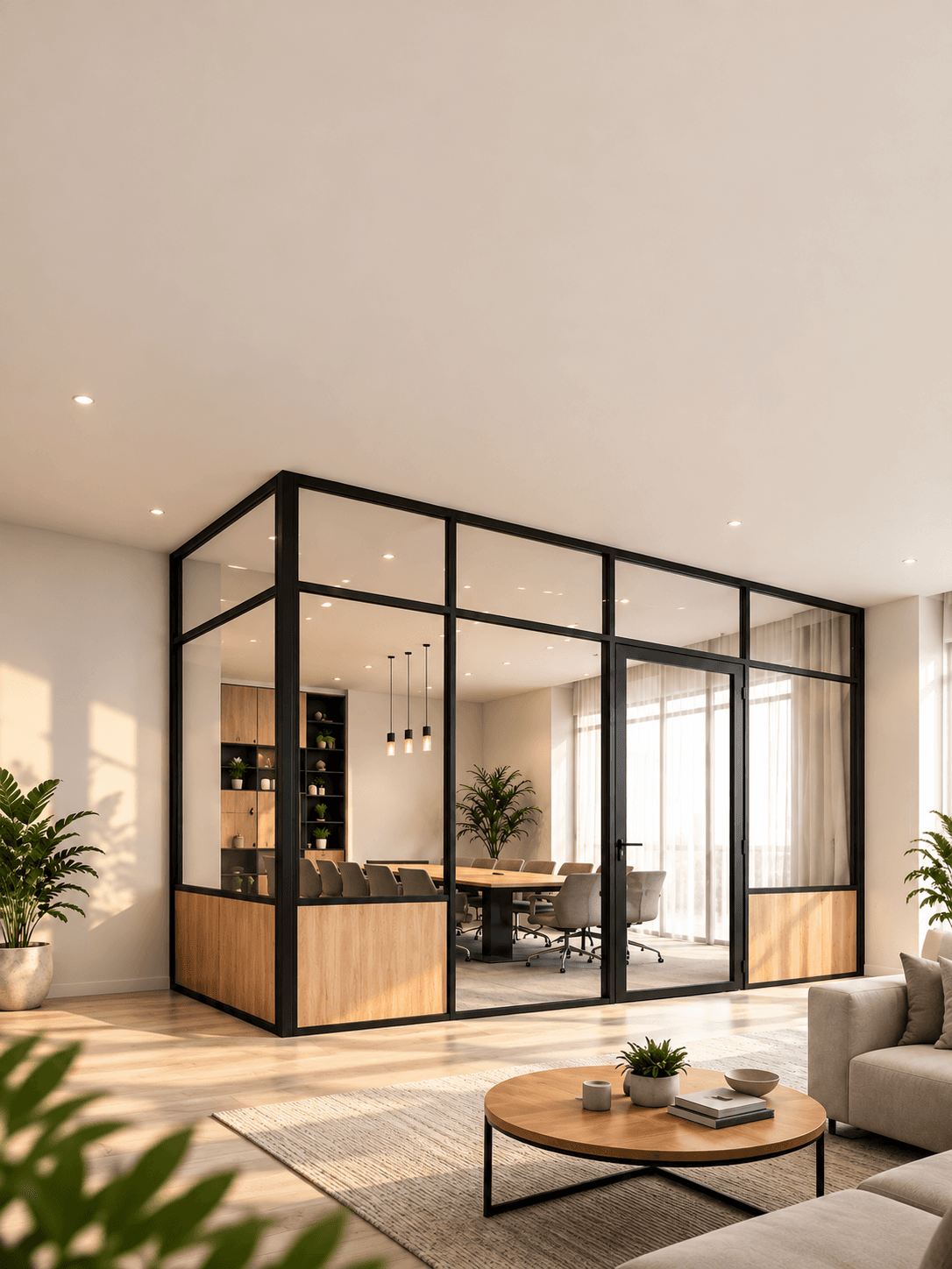 Black-framed glass partition in a bright modern interior